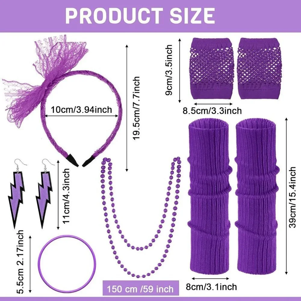 80s Costume Accessories Set Fanny Pack Leg Warmers Earrings Gloves Necklace